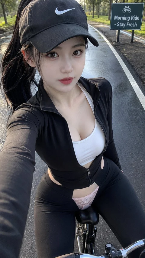 A person in a black cap and fitted dark outfit takes a selfie while holding bicycle handlebars.