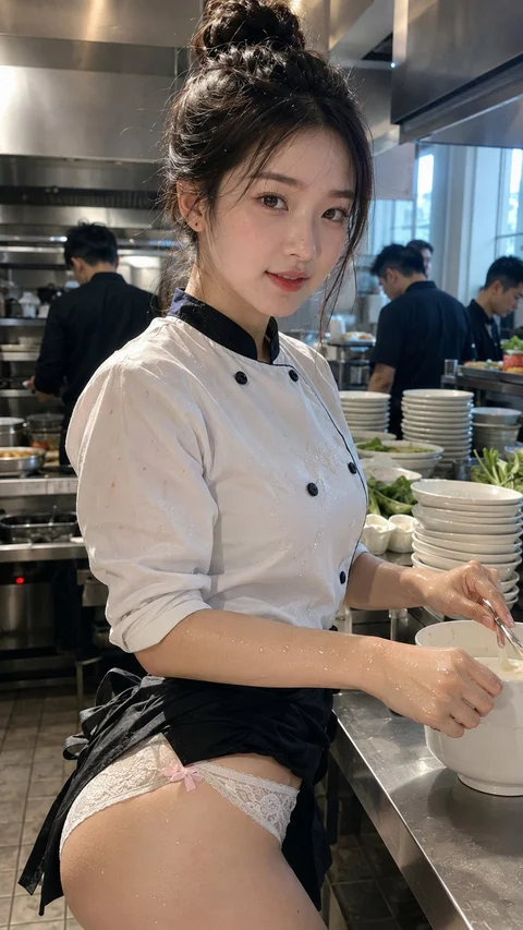A woman wearing a white cook shirt with a dark collar stands beside stacks of dishes in a restaurant kitchen.