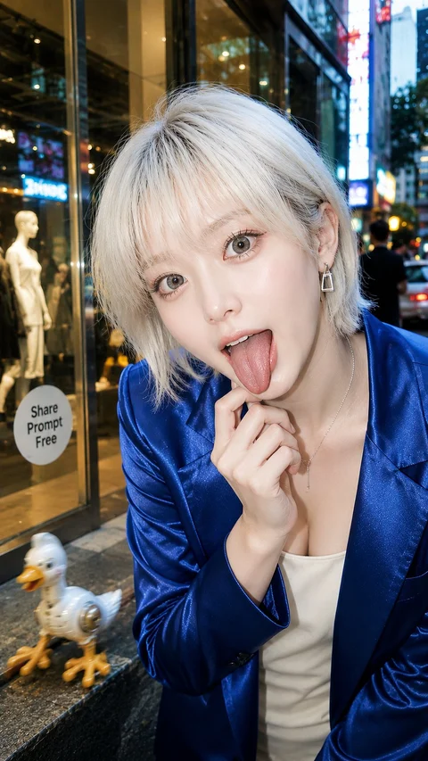 A short-haired blonde woman in a bright blue jacket makes a playful expression on a busy street at night.