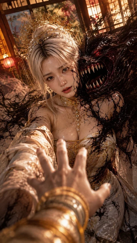 A pale-haired woman reaches toward an outstretched armored hand in a fiery interior beside a snarling dark creature.