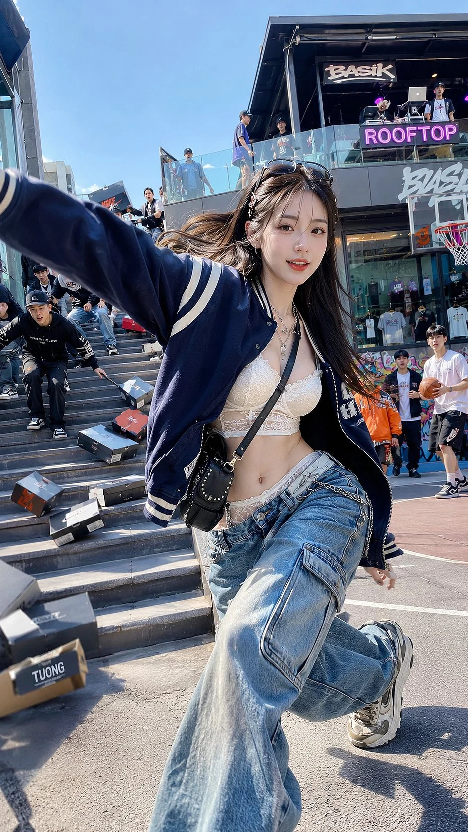 A woman in a dark varsity-style jacket and wide-leg blue jeans lifts one knee and extends an arm on an urban stairway.