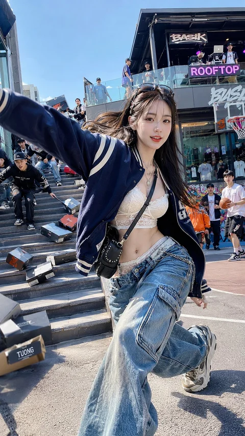A woman in a dark varsity-style jacket and wide-leg blue jeans lifts one knee and extends an arm on an urban stairway.