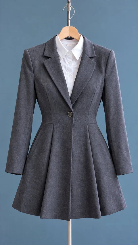A fitted gray blazer and white collared shirt hang on a stand against a blue-gray background.