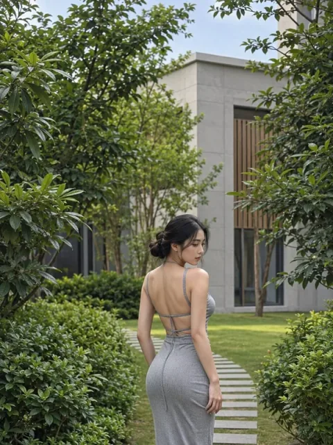 Illustrative adult portrait: Grey evening dress along a landscaped walkway