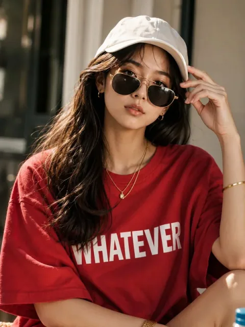 Illustrative adult portrait: Red graphic shirt, sun hat and sunglasses in warm daylight