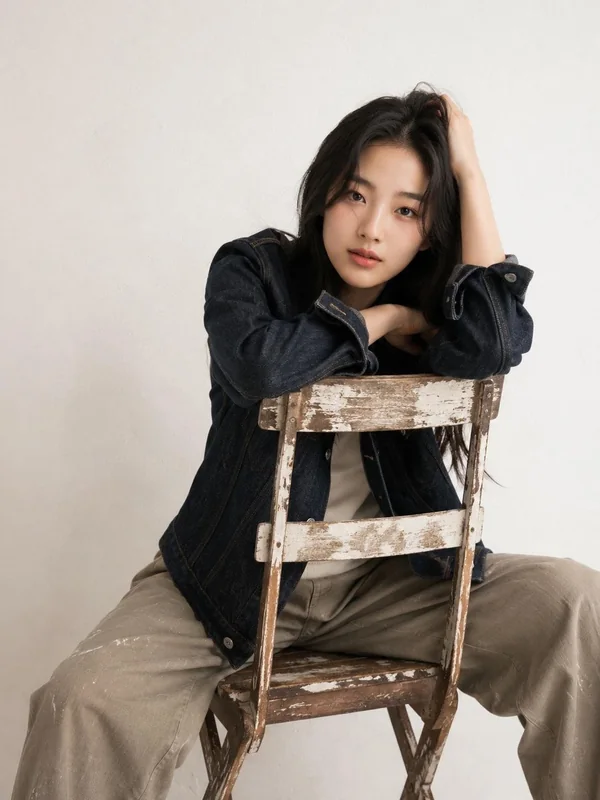 Illustrative adult portrait: Dark jacket and relaxed trousers on a weathered studio chair
