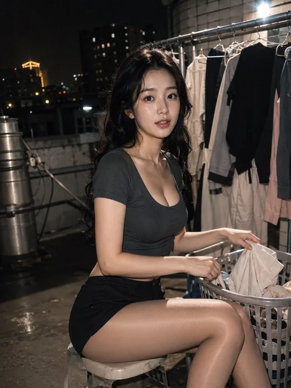 Illustrative adult portrait: Dark evening dress at a warmly lit outdoor terrace